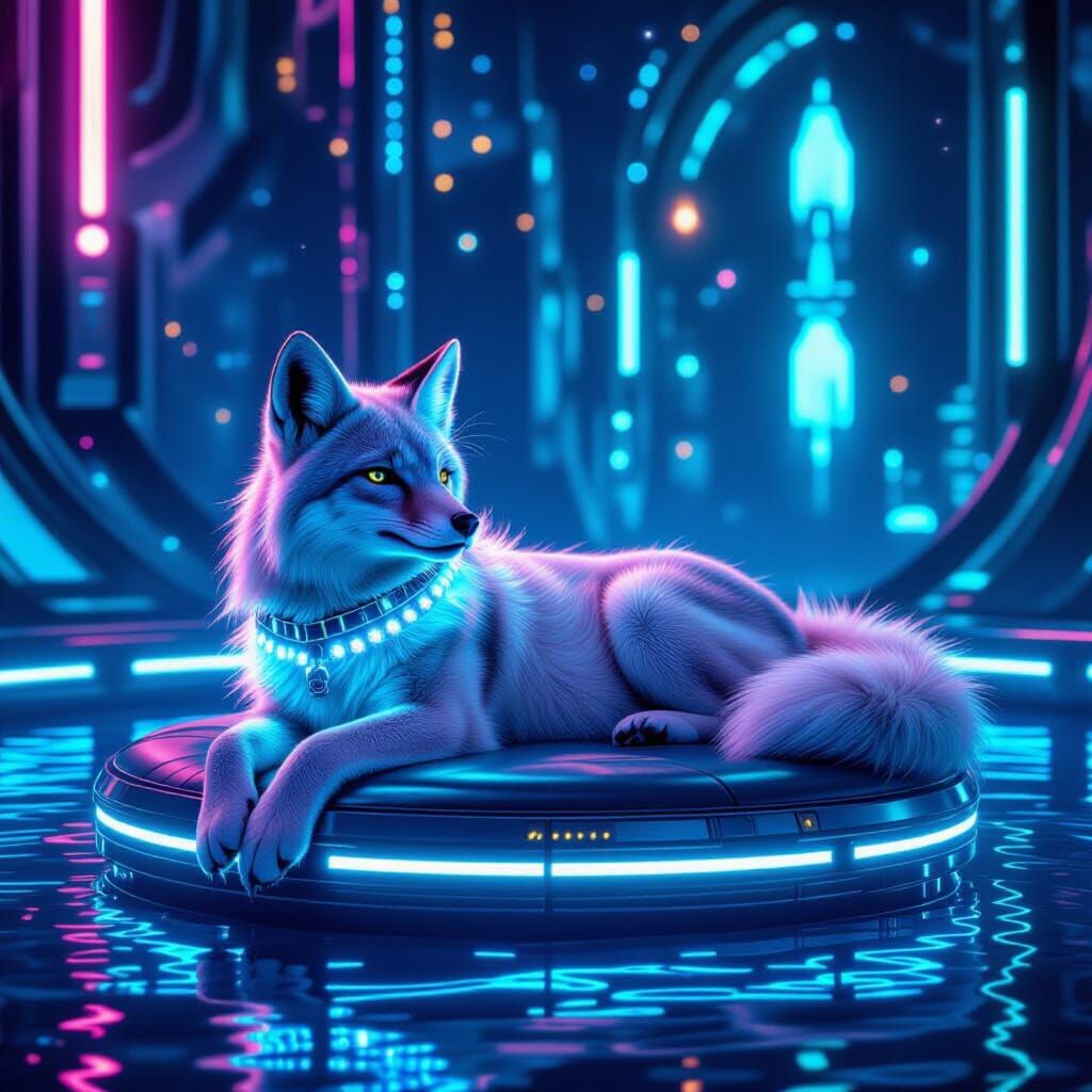 Iridescent Fox Lounging in Futuristic Cyberpunk Landscape