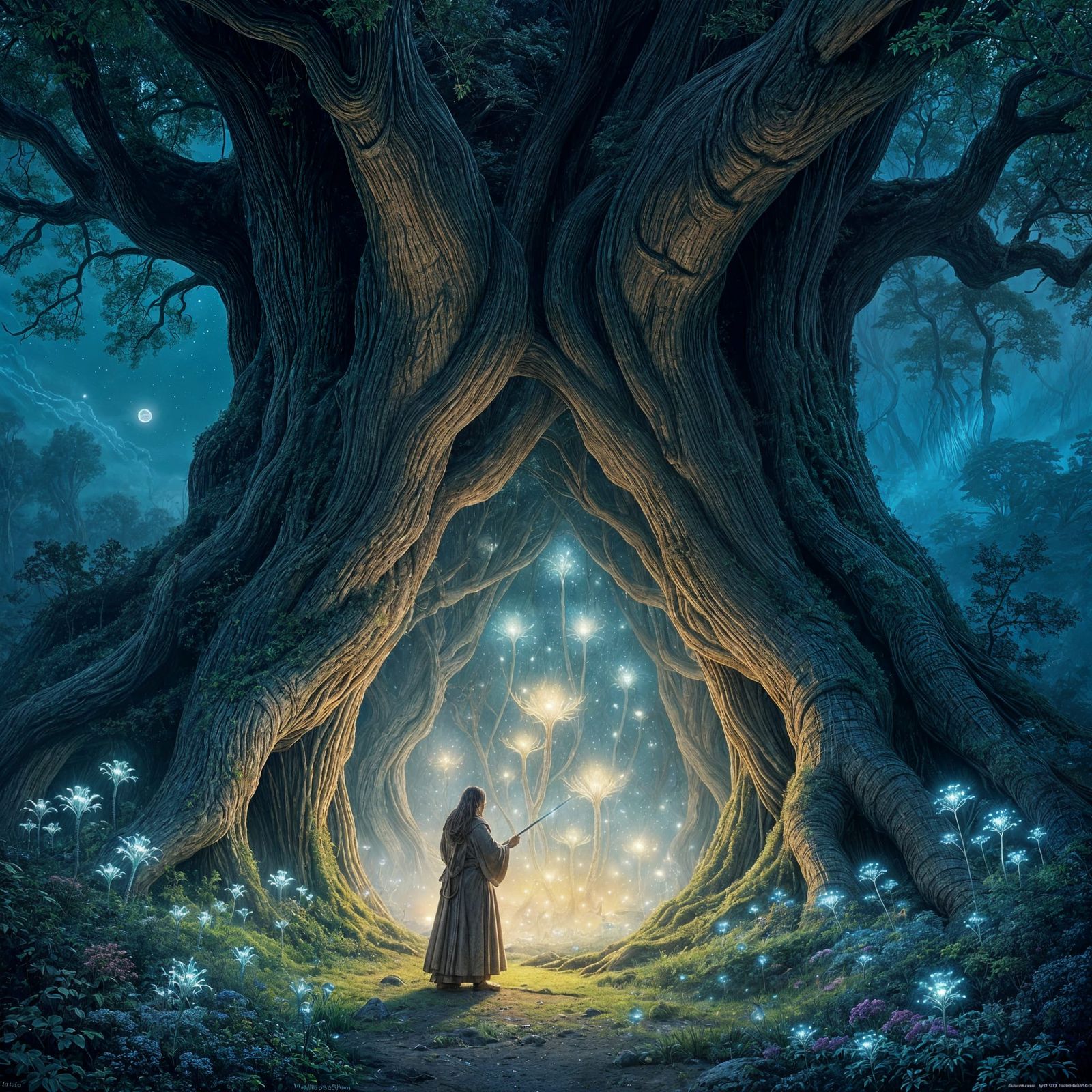 Bioluminescent Flora in Ancient Tree Sanctuary