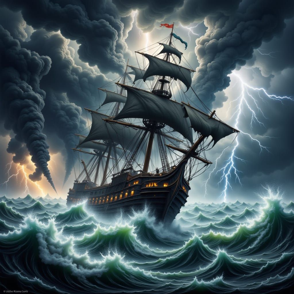 Pirate Ship Battles Fierce Storm in Dramatic Matte Painting