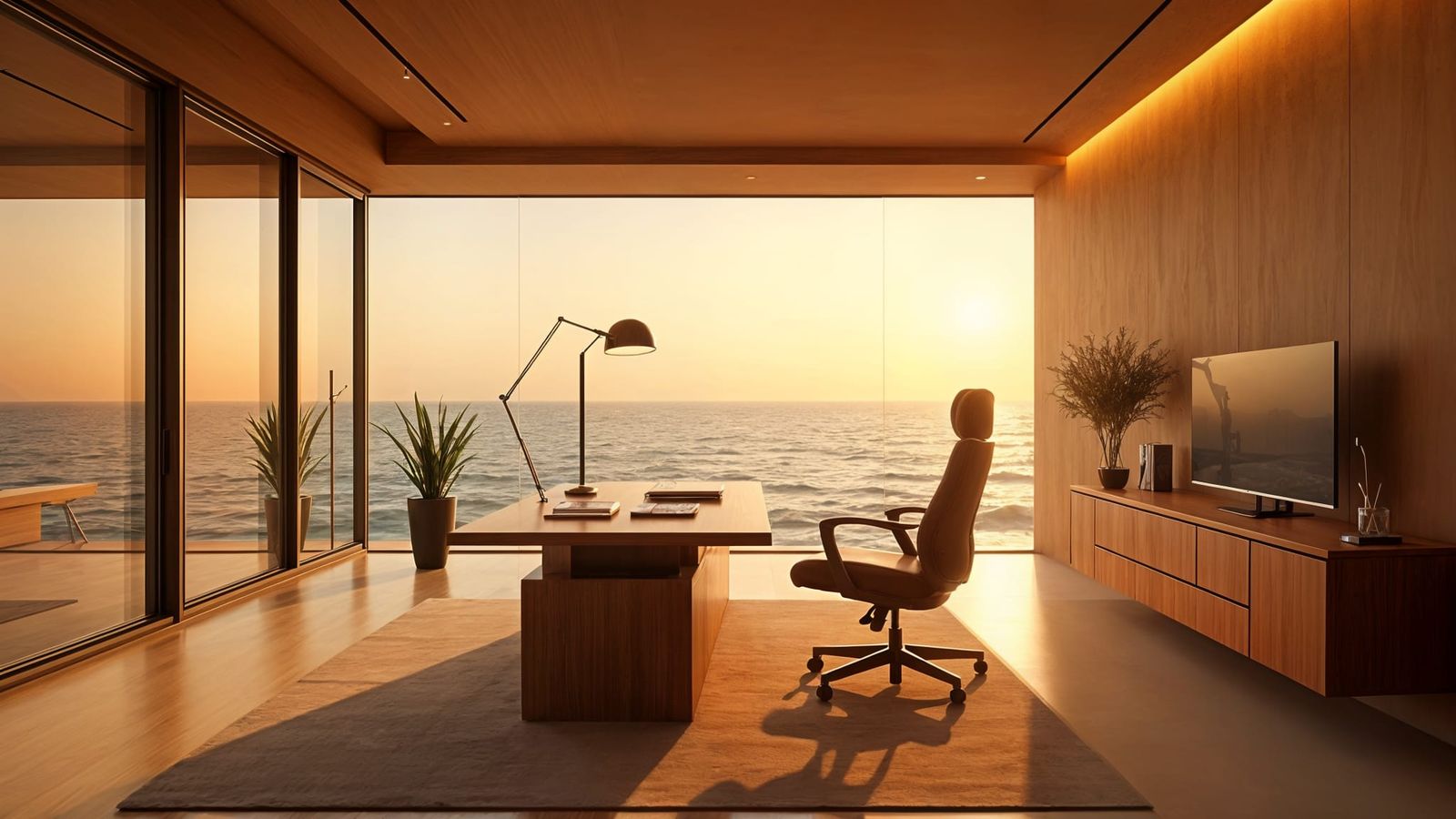 Cyber-Sunset Home Office with Panoramic Sea View
