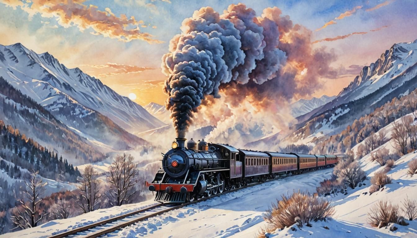 Steam Train Through Snowy Mountains: Watercolor Painting