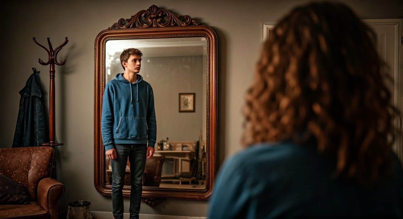 Man Contemplates Reflection in Cozy Living Room