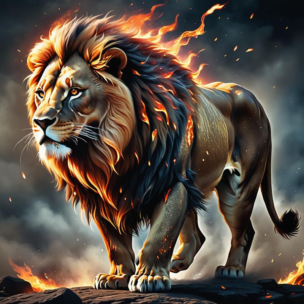 Fiery Lion Digital Artwork in Hyperrealism Style