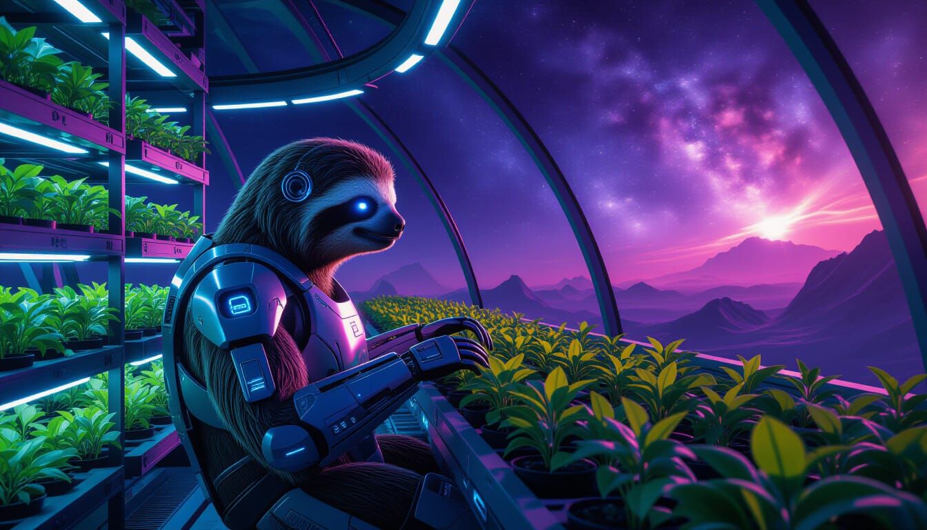 Cybernetic Sloth Tends Alien Plants on Red Planet