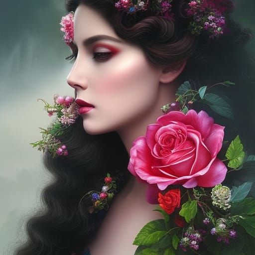 Snow Roses with Black Tresses: Elegant Fantasy Digital Paint...