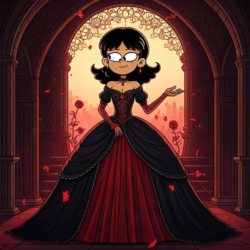 Stella Zhau, reimagined as a celestial goddess, poses dramatically in a haunted castle. She is wearing a luxurious, intr...