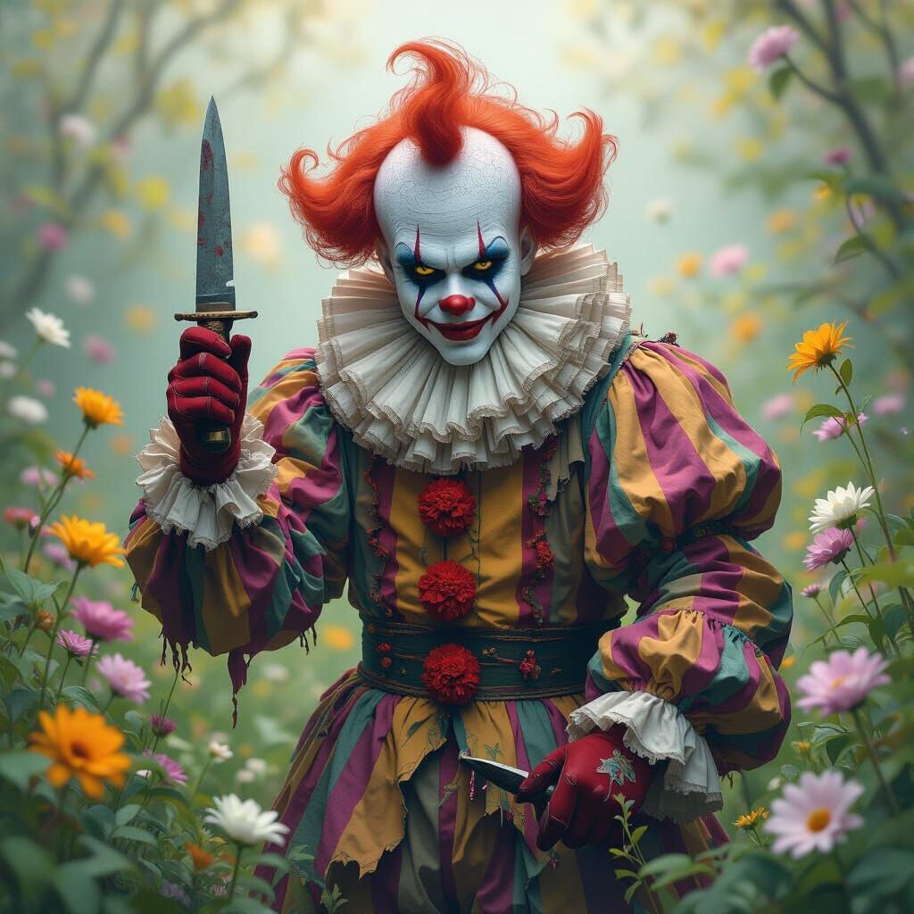 Menacing Harlequin in Impressionist Spring Garden