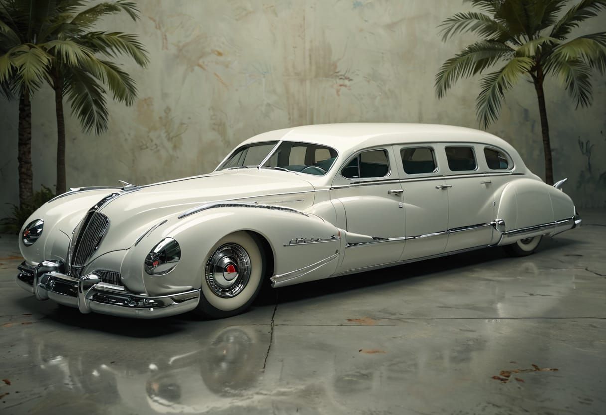 Retro-Futuristic Art Deco 1940s White Limousine