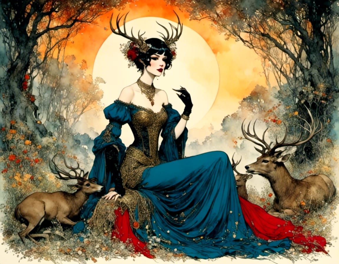 Antlered Queen in Pen and Ink Comic Style