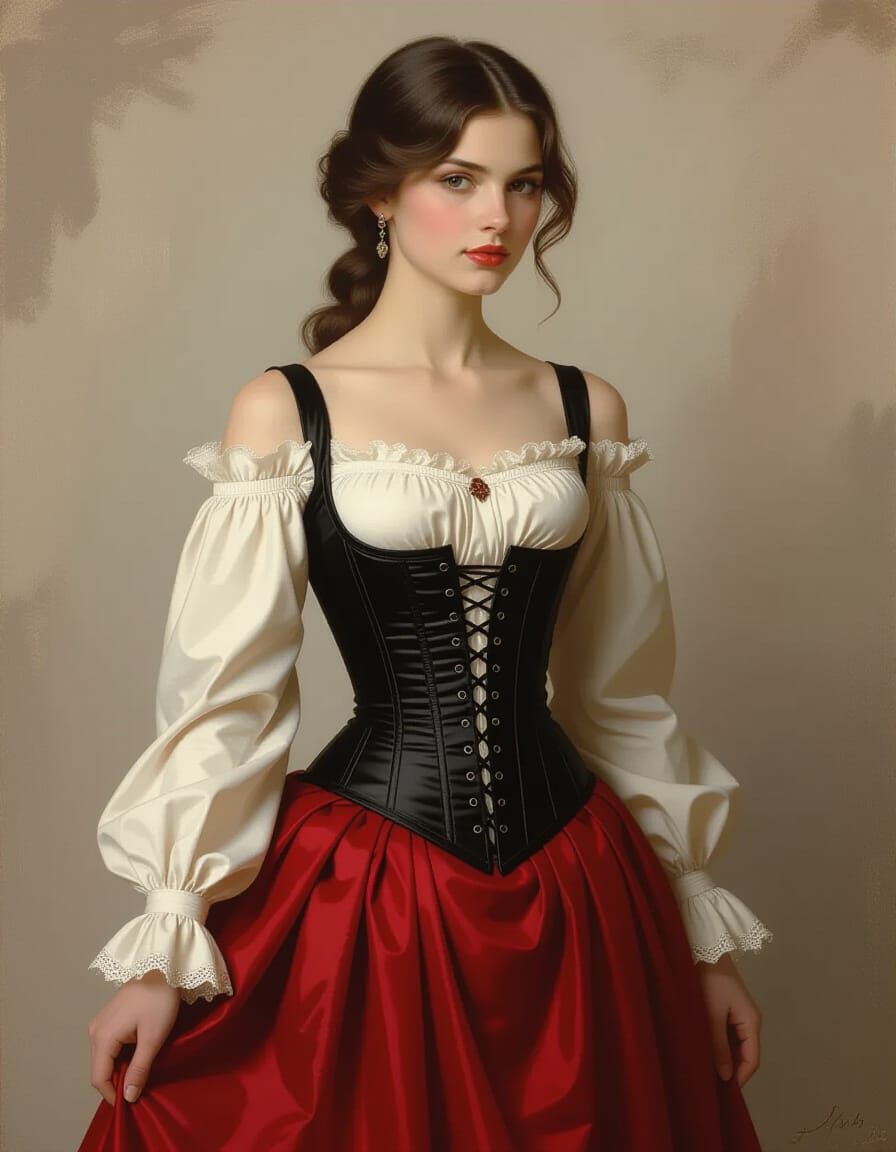 Pale Brunette Woman in Corset and Red Dress, Pre-Raphaelite ...