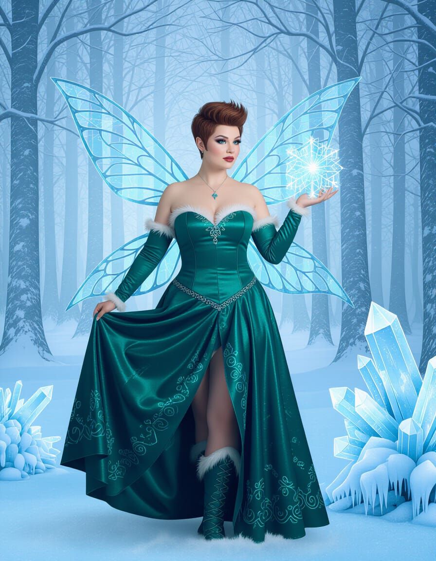 Curvy Pixie Fairy in Frozen Forest, Ice Crystal Style