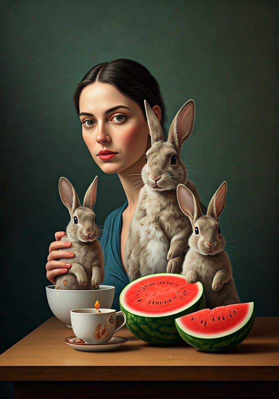 Surreal Rabbit Family Portrait in Retro Style