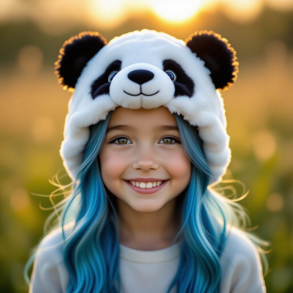 Girl in Panda Hat with Blue Hair in Golden Hour Light