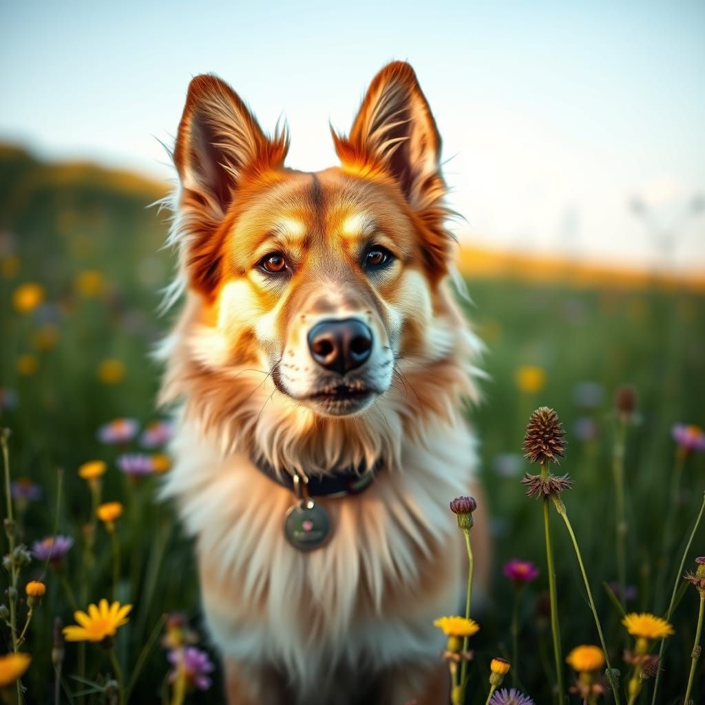 Eurasier in a Sunny Meadow with Vibrant Wildflowers