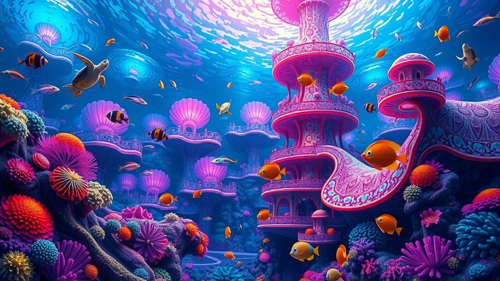 Iridescent Coral Reef Palace: Art Nouveau Underwater Scene