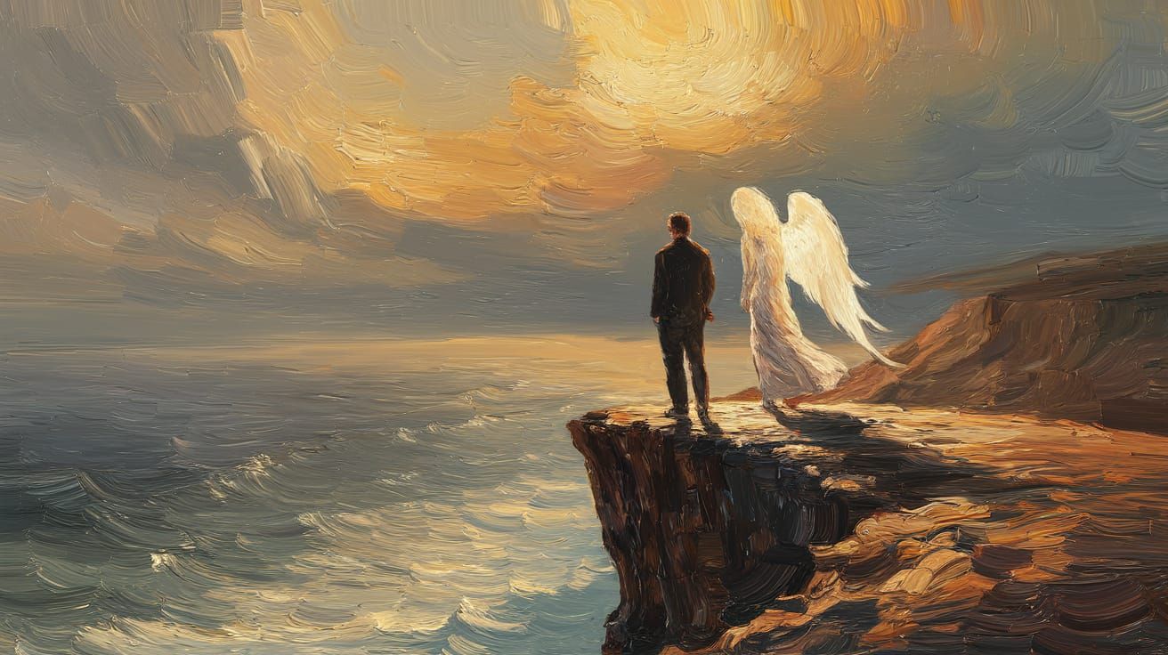 Guardian Angel Comforts Man on Windswept Cliff in Impression...