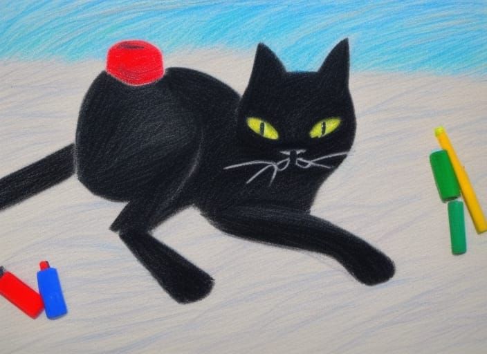 Black Cat on Beach in Crayon Drawing Style