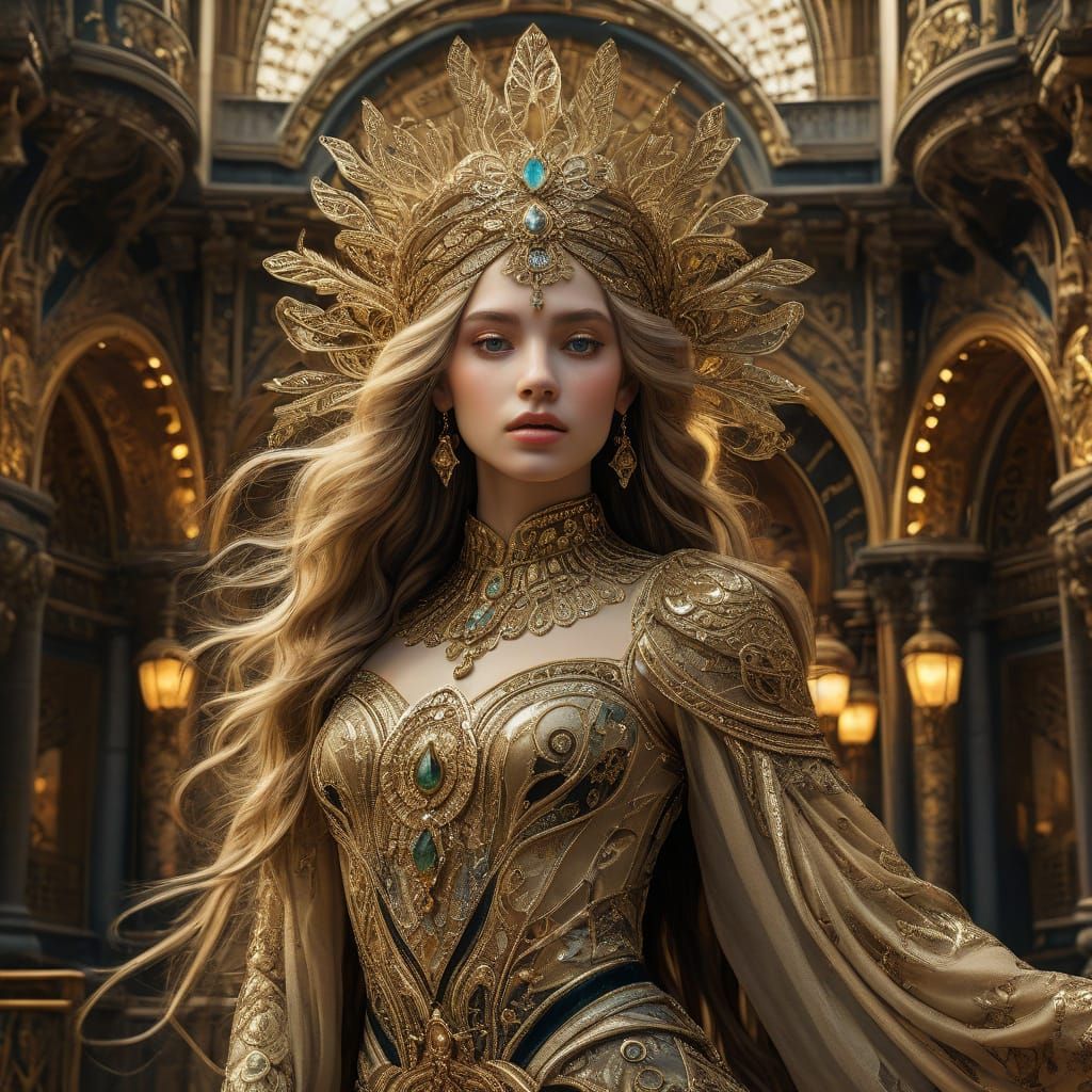 Art Nouveau Woman in Golden Headdress and Ornate Architectur...
