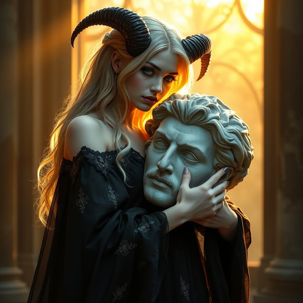 Demoness with Statue in Ethereal Lighting