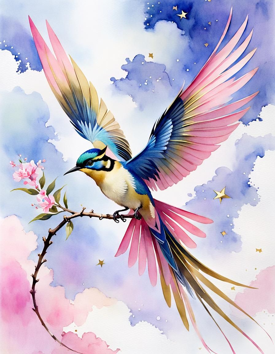Spatuletail Bird Ascending in Asian Watercolor Style