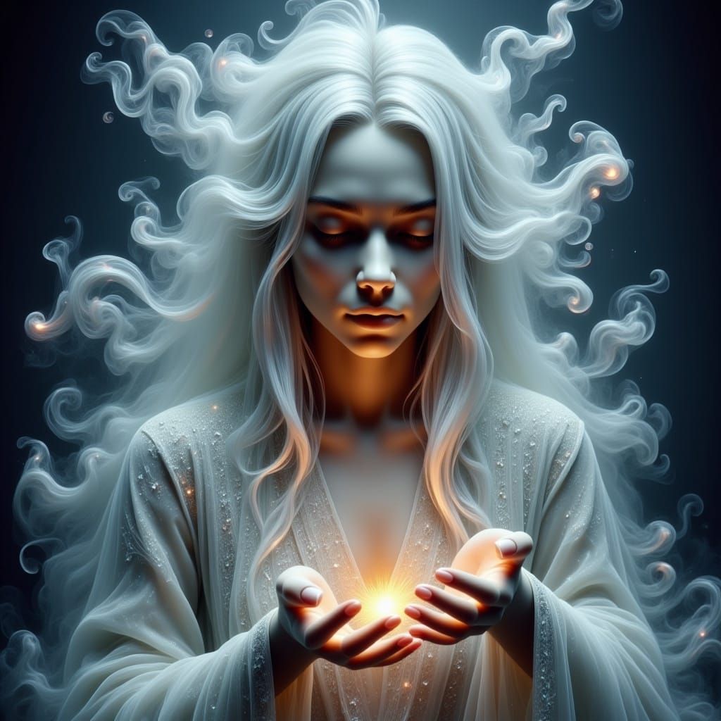 Ethereal Woman Weaving Magic in Dreamlike Realm