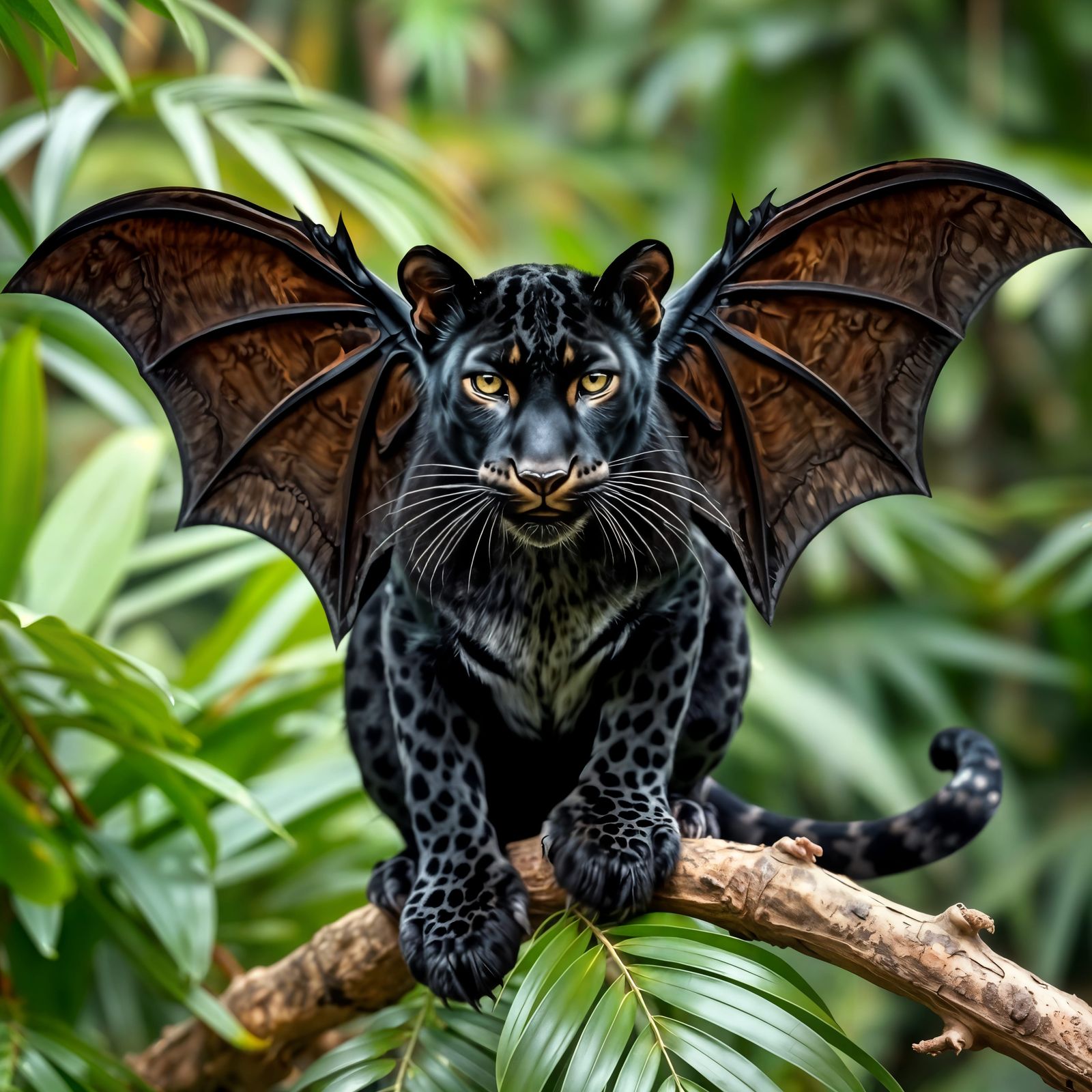 Mystical Black Clouded Leopard with Wings, Scales, and Feath...