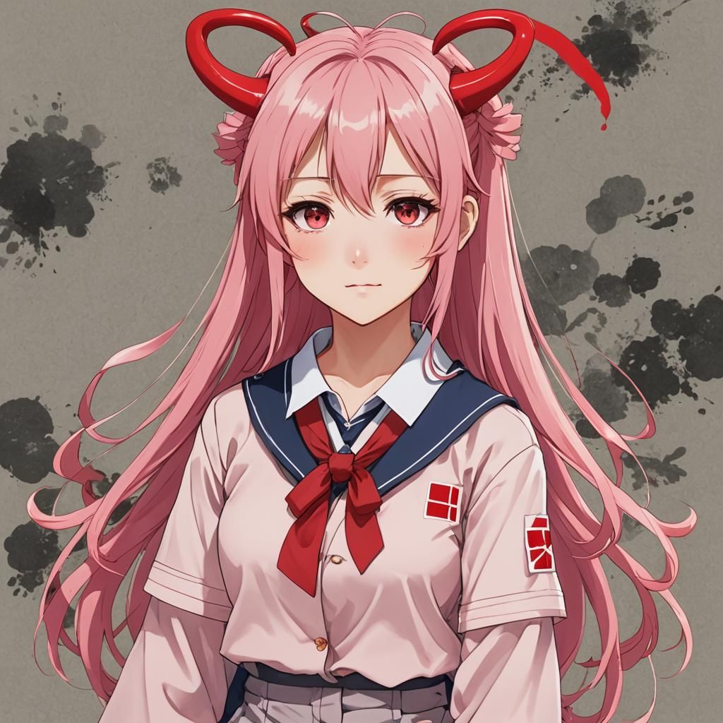 Anime Girl with Pink Hair and Horns in School Uniform