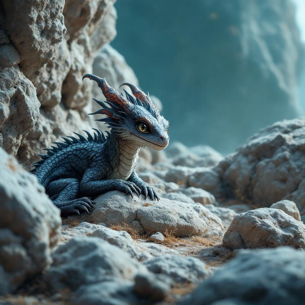 Grey Rock Baby Dragon Fantasy Art