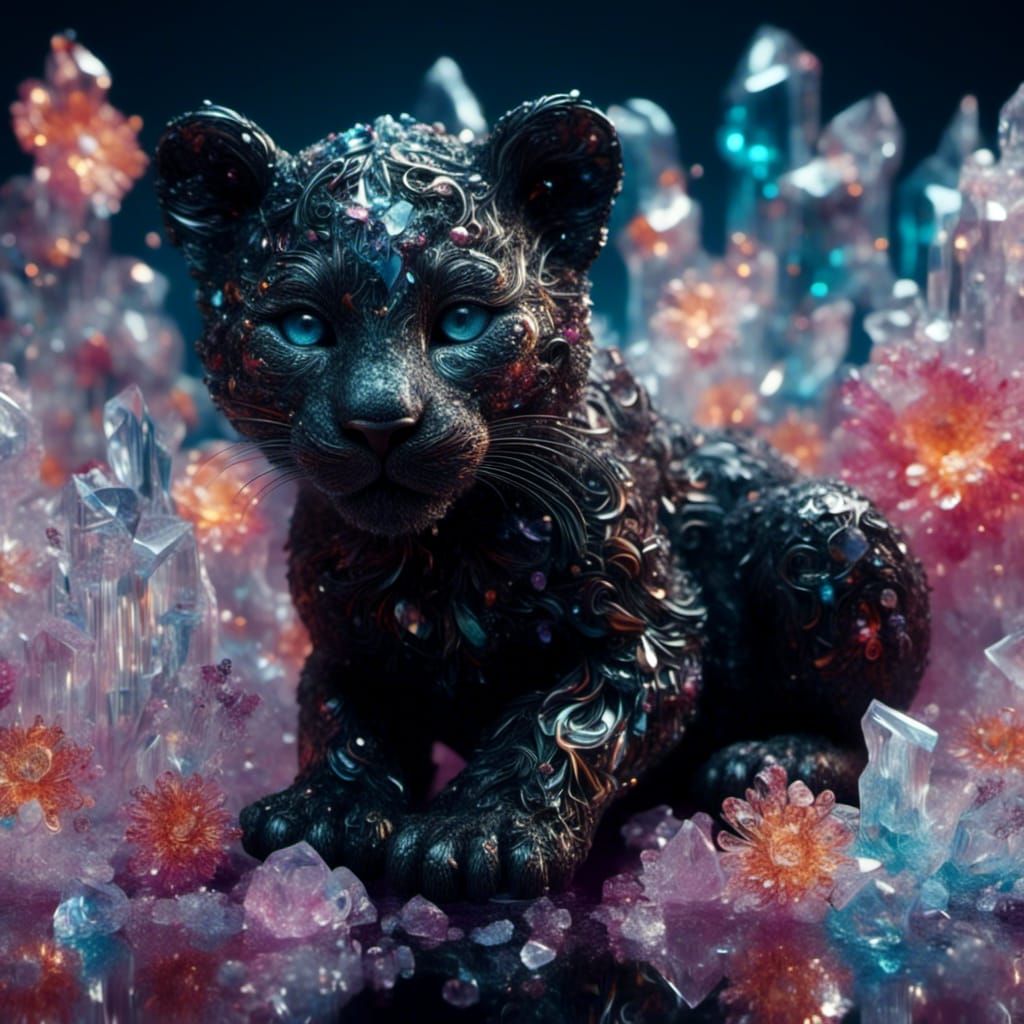Black Leopard Cub with Fluorite Crystals