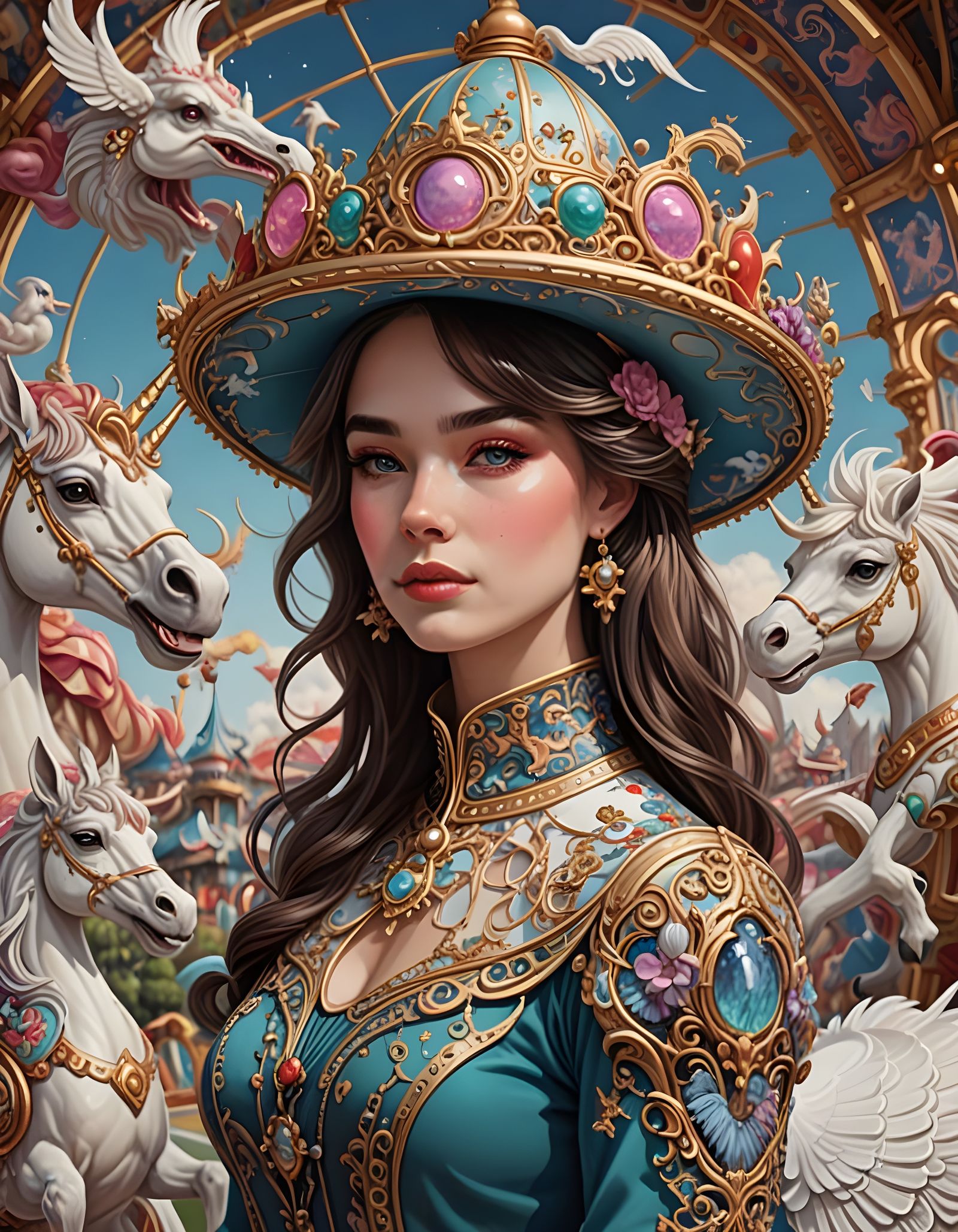 Whimsical Carousel Queen in a Fantastical Hat