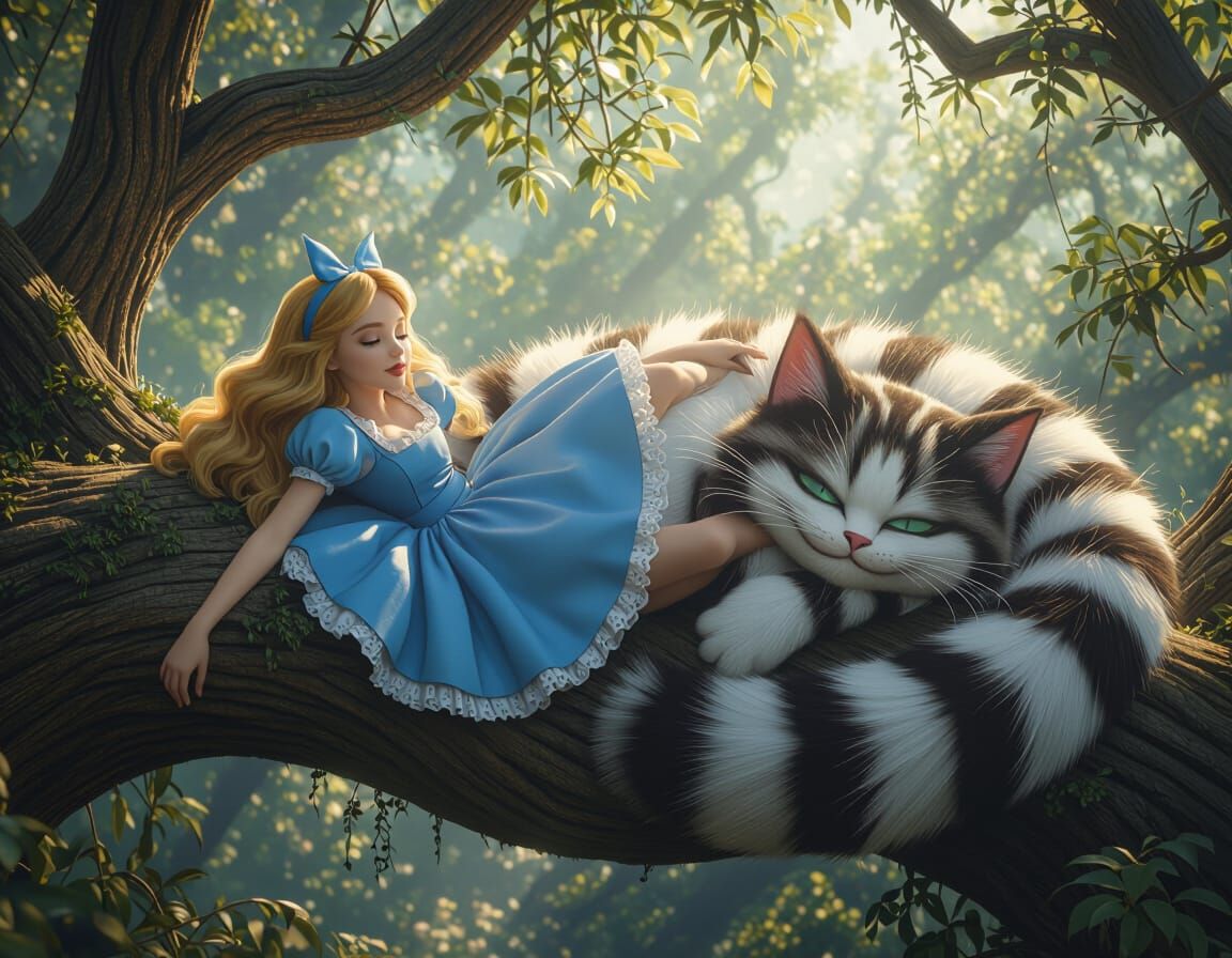 Alice and Cheshire Cat Resting on Tree Branch