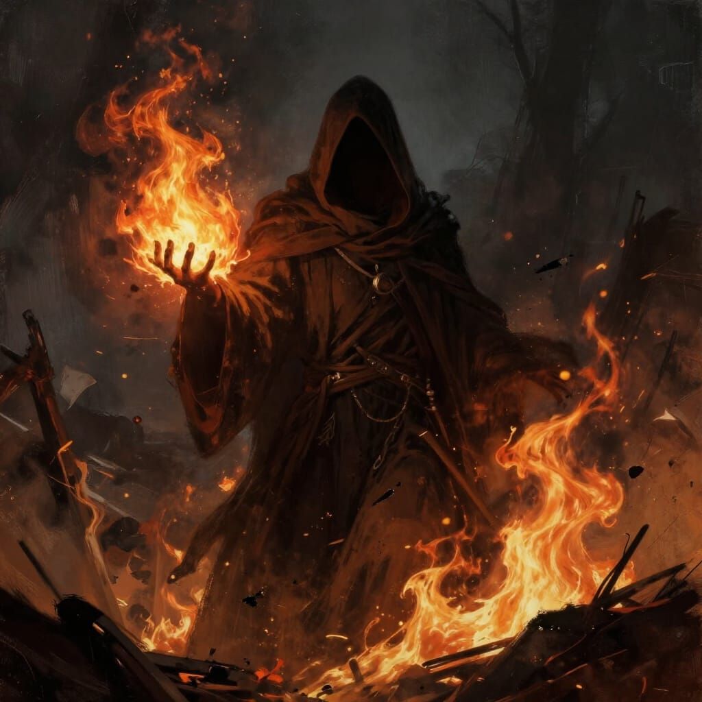 Mysterious Mage Conjures Fiery Power in Dark Fantasy Art