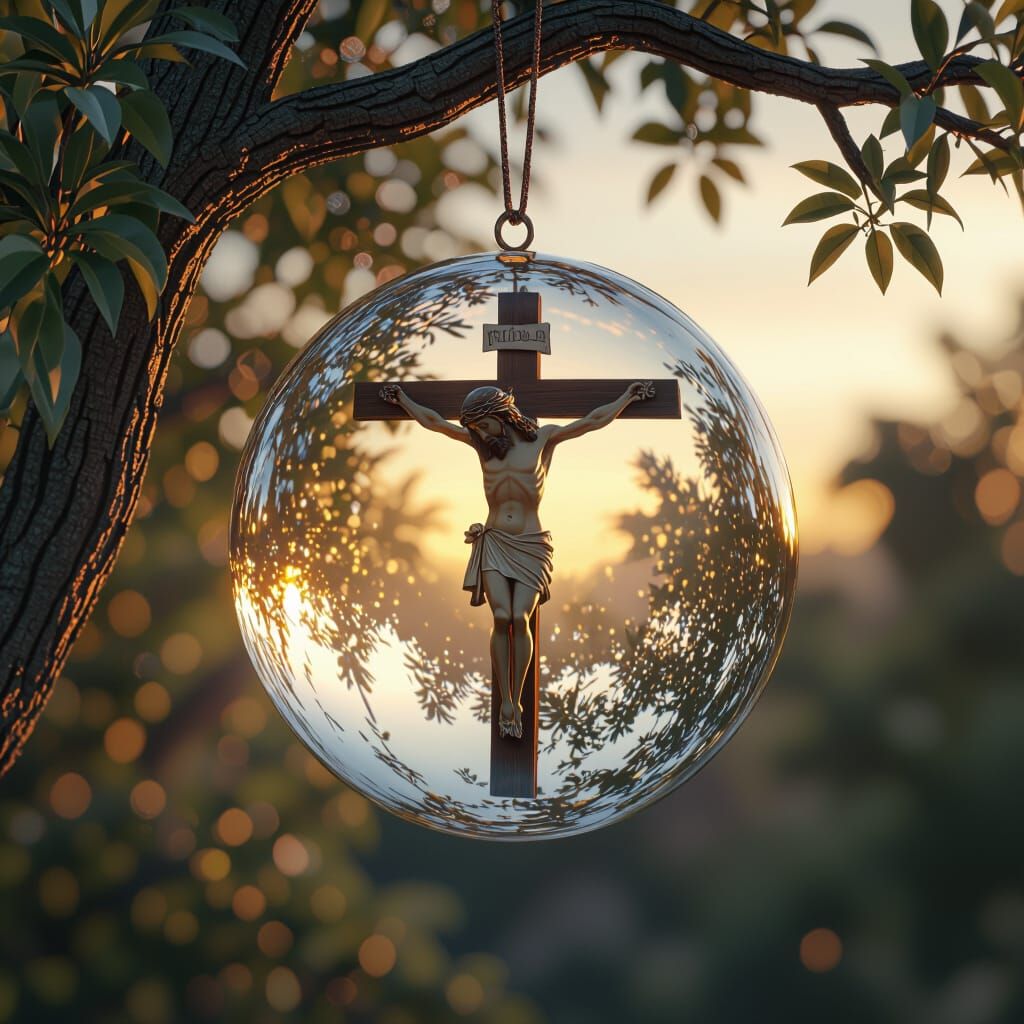 Jesus Portrait in Crystal Sphere on Tree Branch