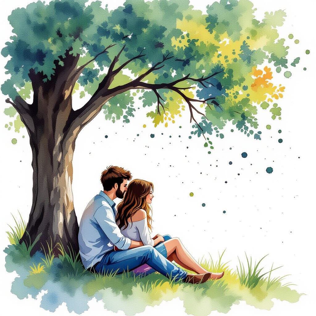 Couple Under Oak Tree in Watercolor Style