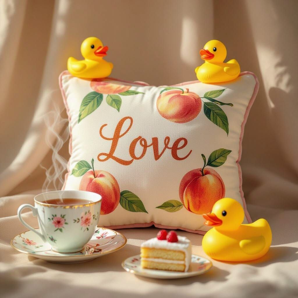 Cozy Cushion Scene With Peaches, Ducks, Tea, and Cake