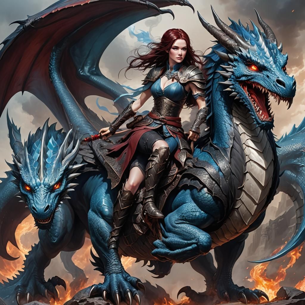 Warrior Woman and Her Dragon in Blue Flames
