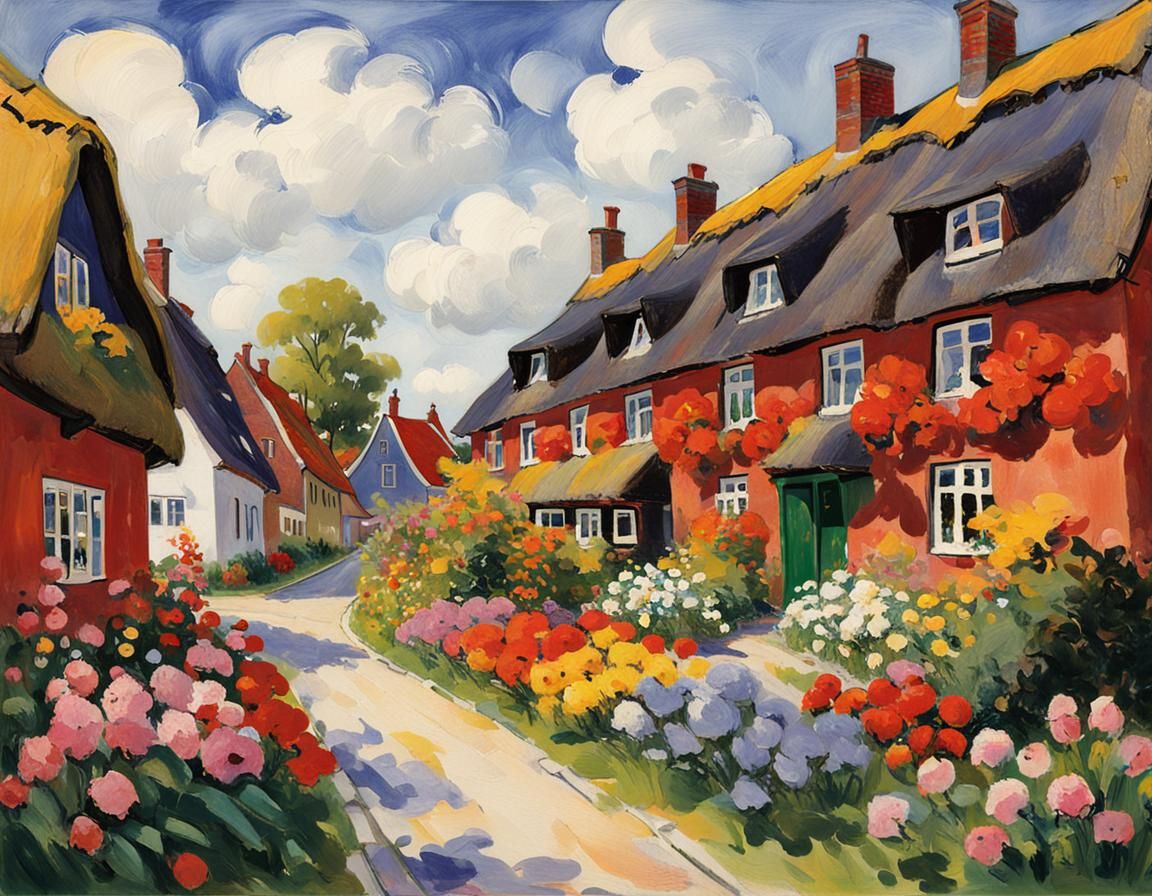 Charming Thatched Houses in Frisian Village, Impressionistic...