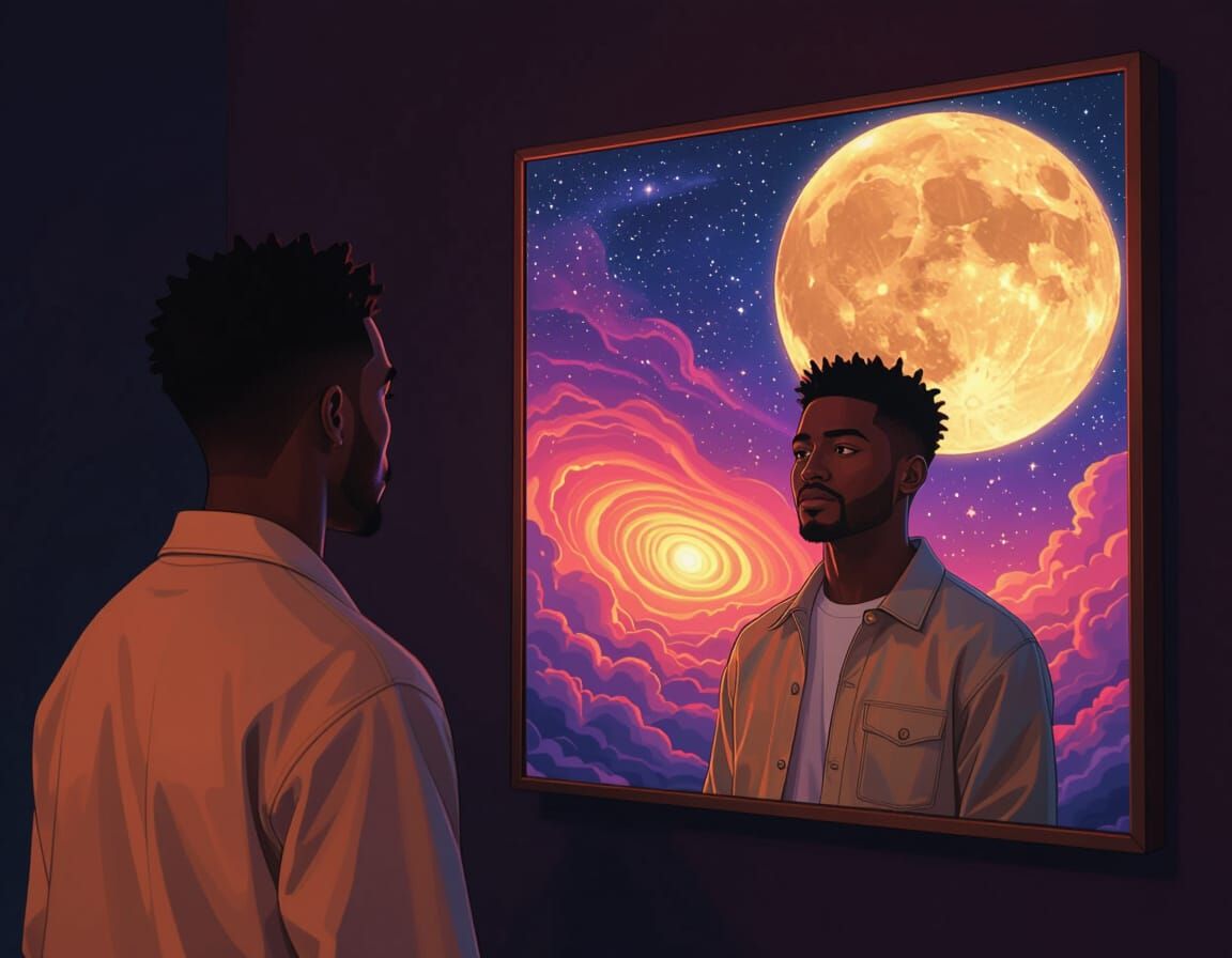 Cosmic Reflection: A Dreamy Portrait with Galaxy and Moon