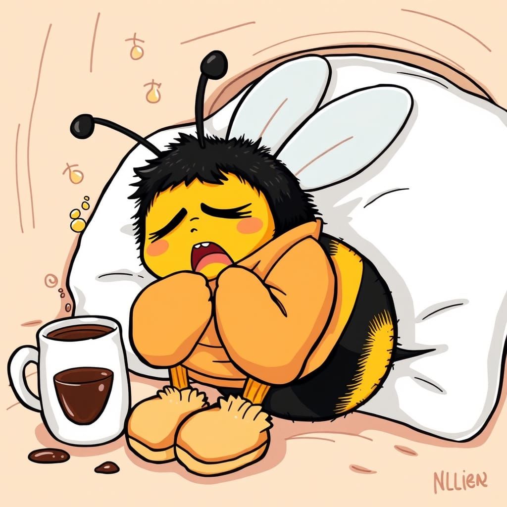 Sleepy Bumblebee trying to wake seeping coffee cartoon style