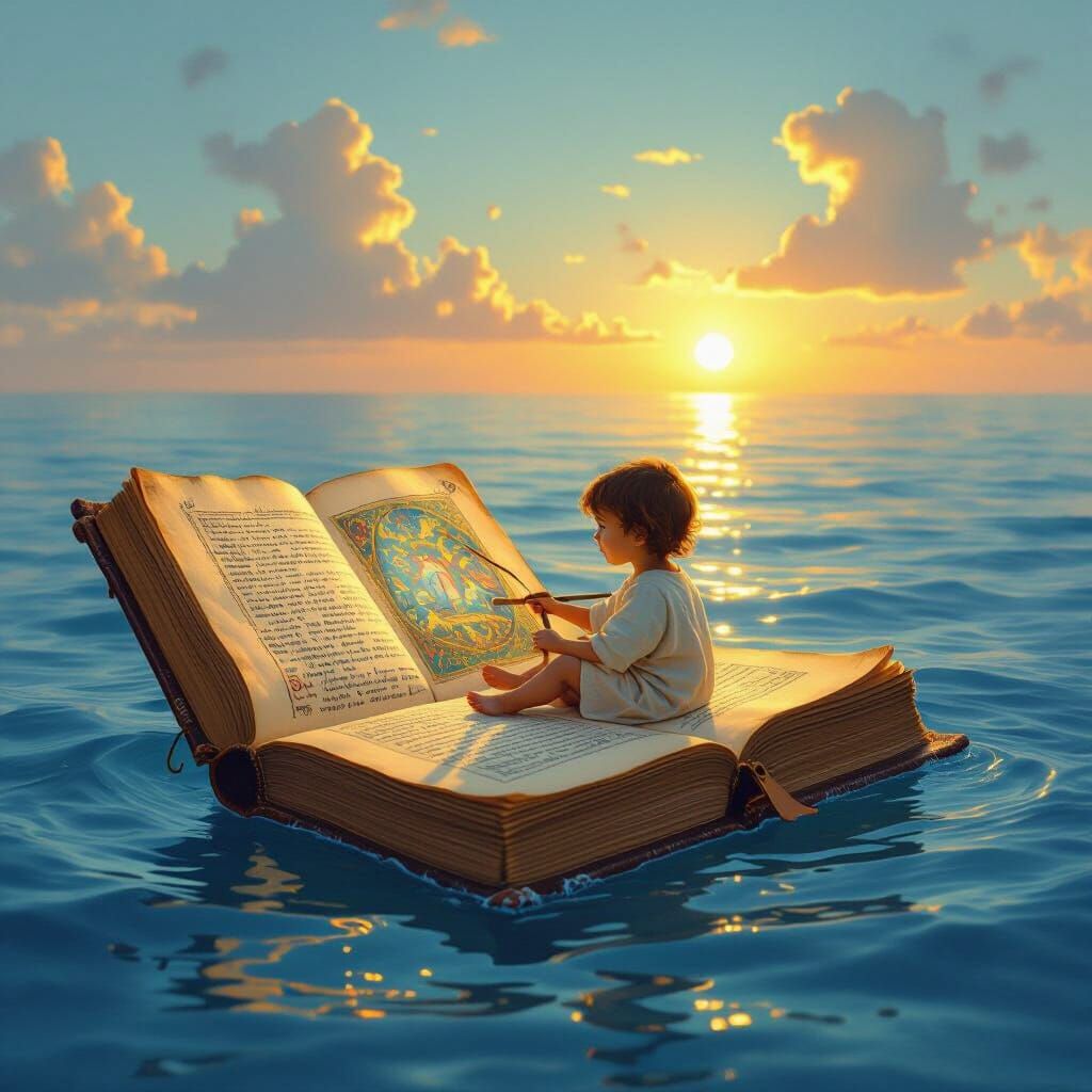 Child Paddles Book on Ocean at Dawn