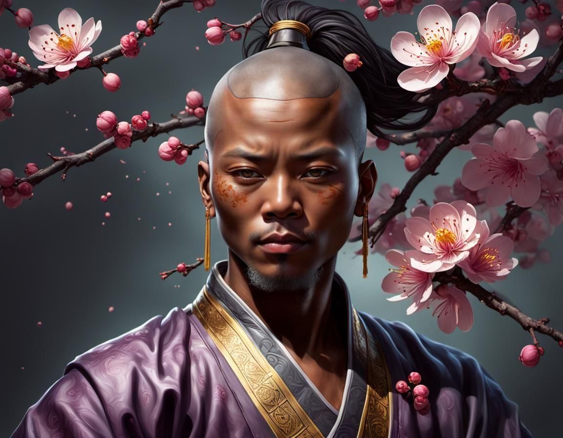 Hyperrealistic Shaolin Monk in Plum Blossom Garden