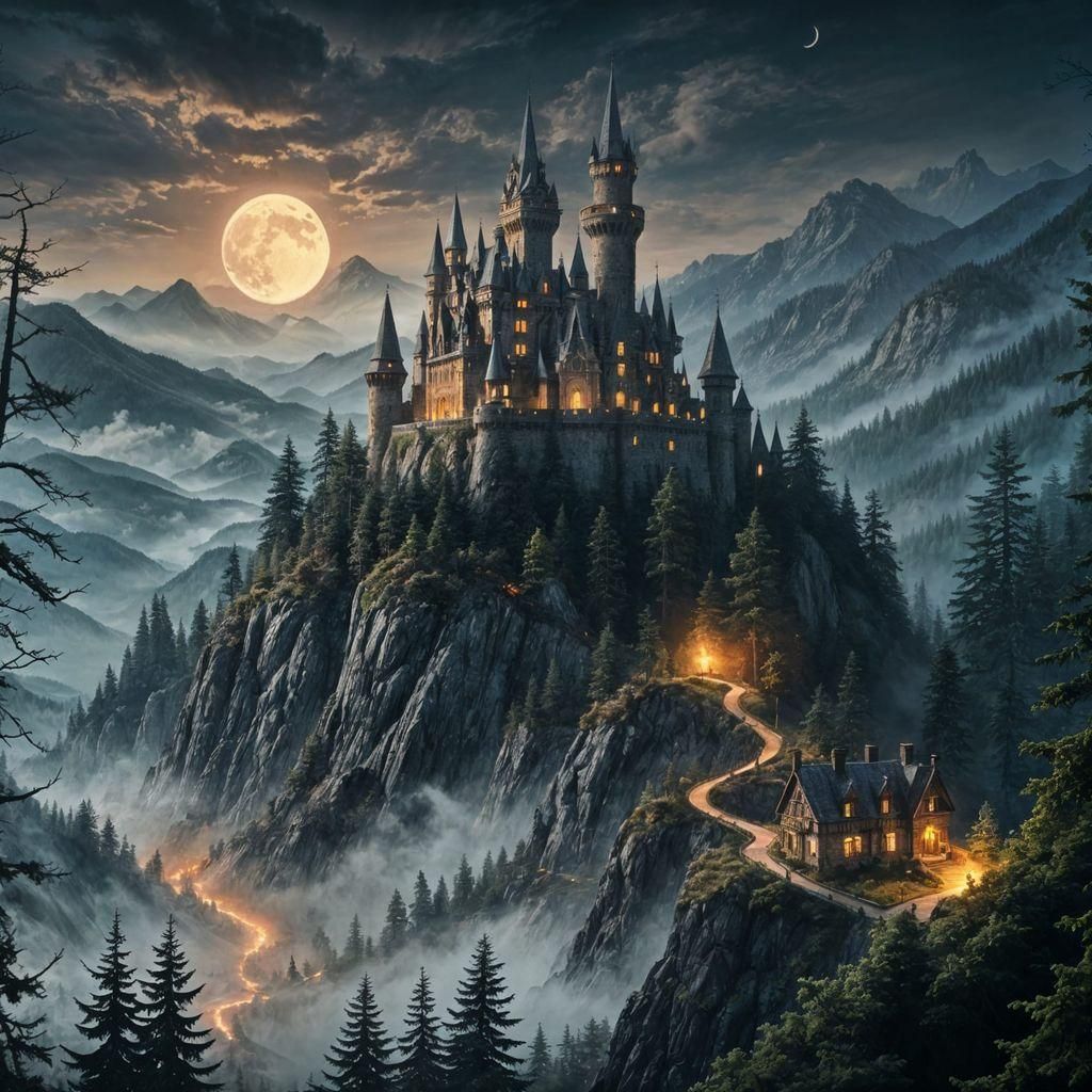 Haunted Castle on Foggy Mountain: Detailed Matte Painting