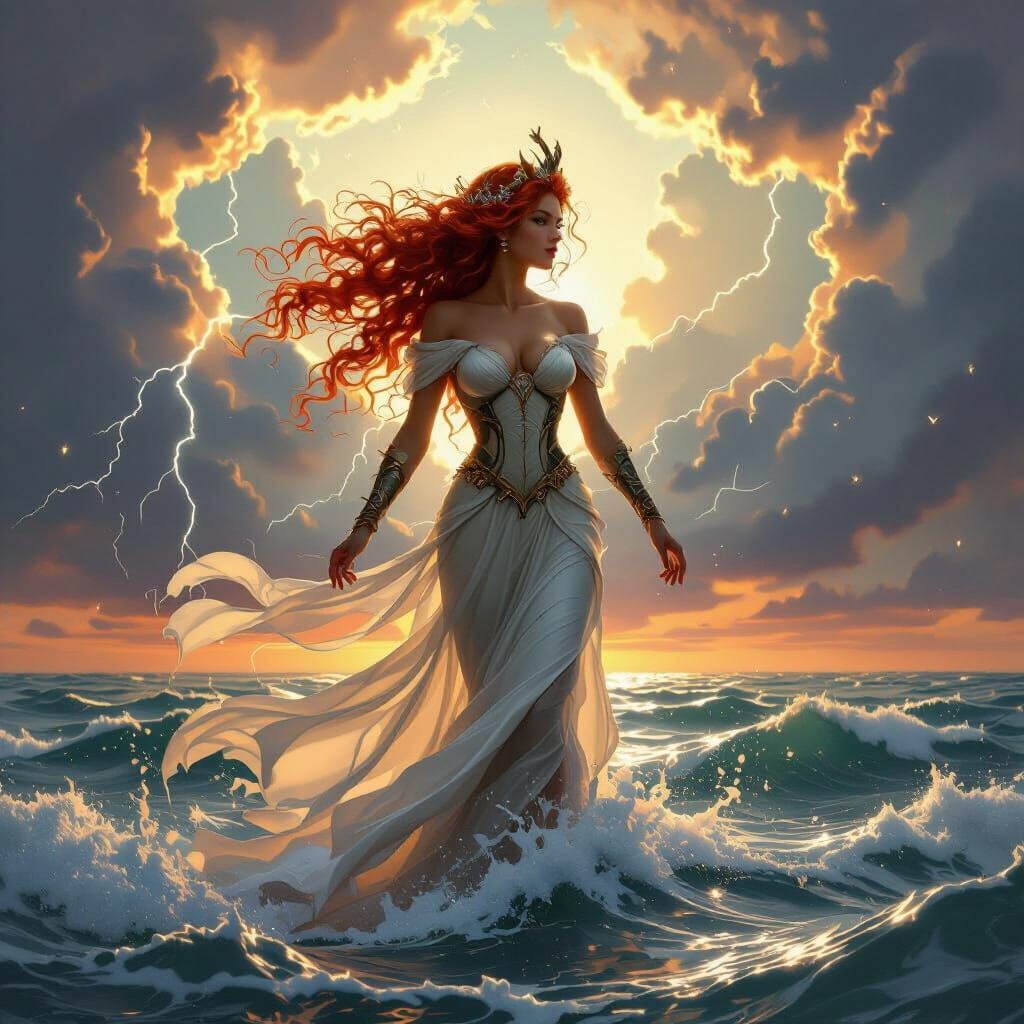 Epic Fantasy Water Nymph Amidst Lightning Storm