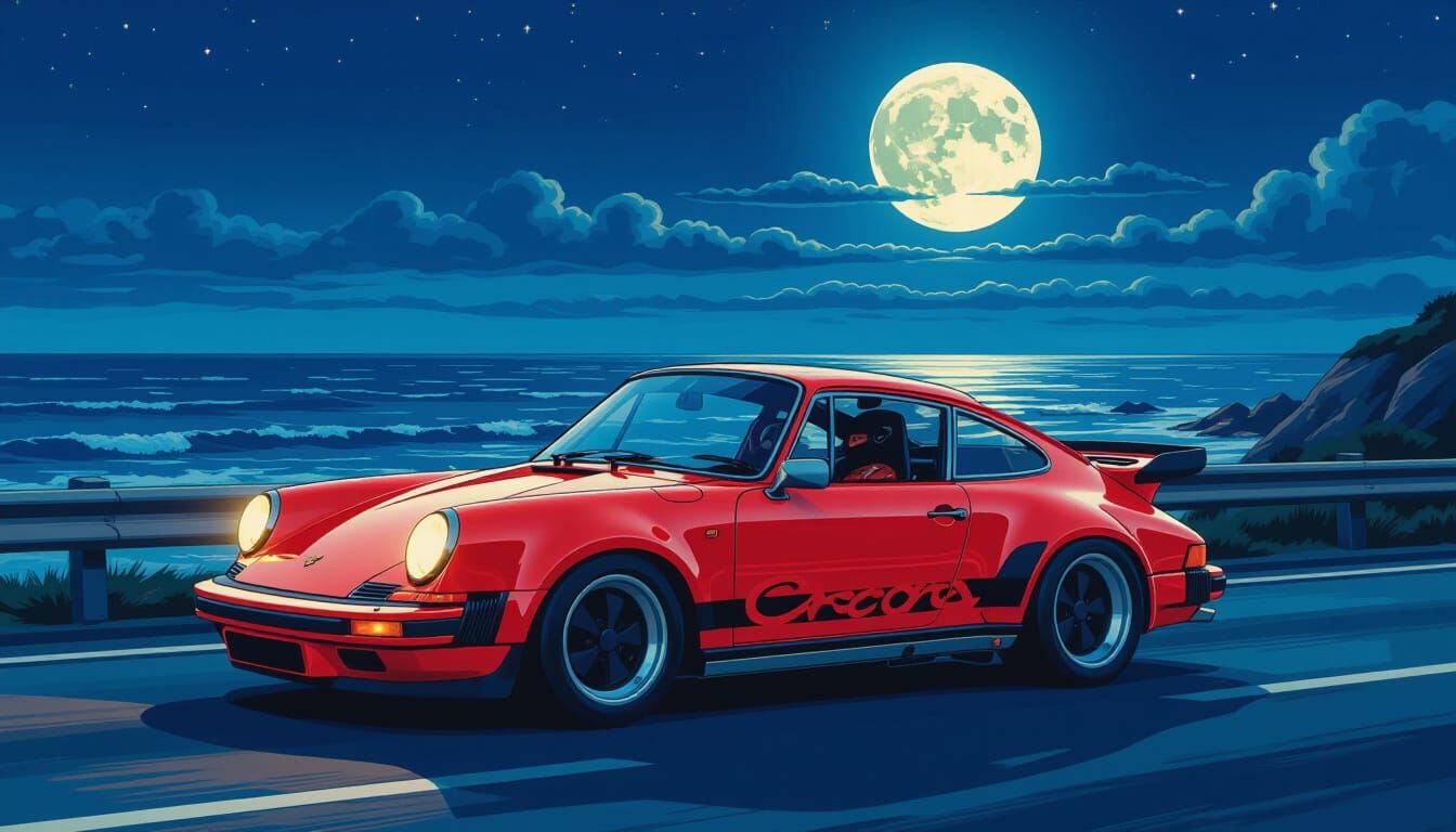 Vintage Porsche 911 Carrera RS at Night in Comic Art