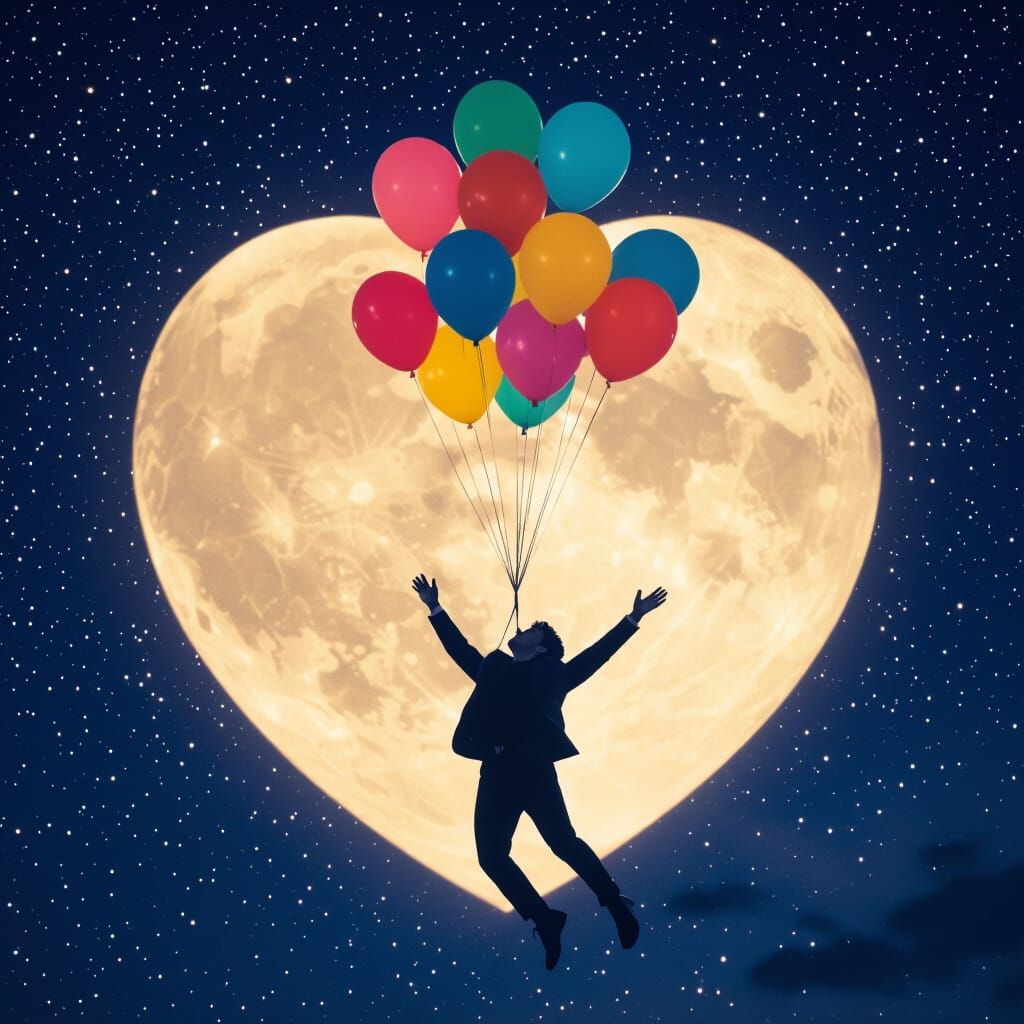 Man Falls From Starry Sky Holding Balloons
