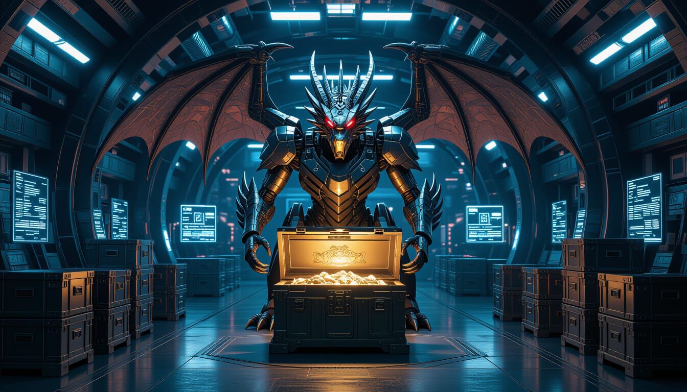 Cyber Dragon Guards Futuristic Tech Vault