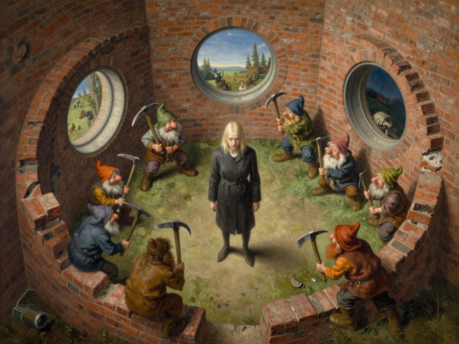 Surrealist Painting of Hermit Besieged by Dwarves