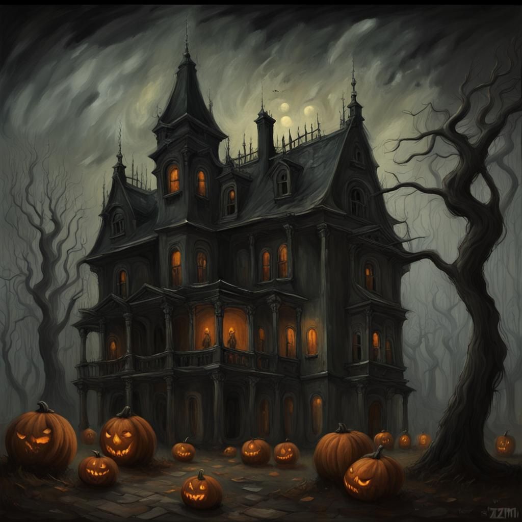 Dark Gothic Mansion Haunted by Specters in Oil Painting Styl...