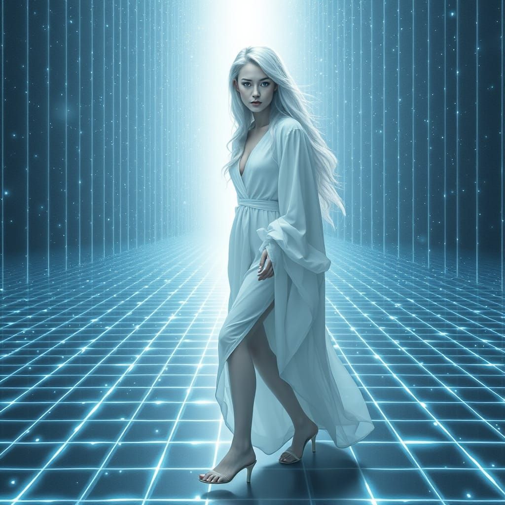 Ethereal Futuristic Woman Embarks on a Dreamlike Journey