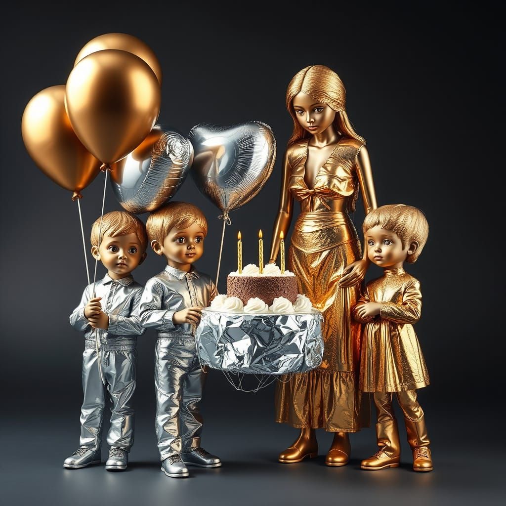 Silver Children Celebrate in Futuristic Gold Setting